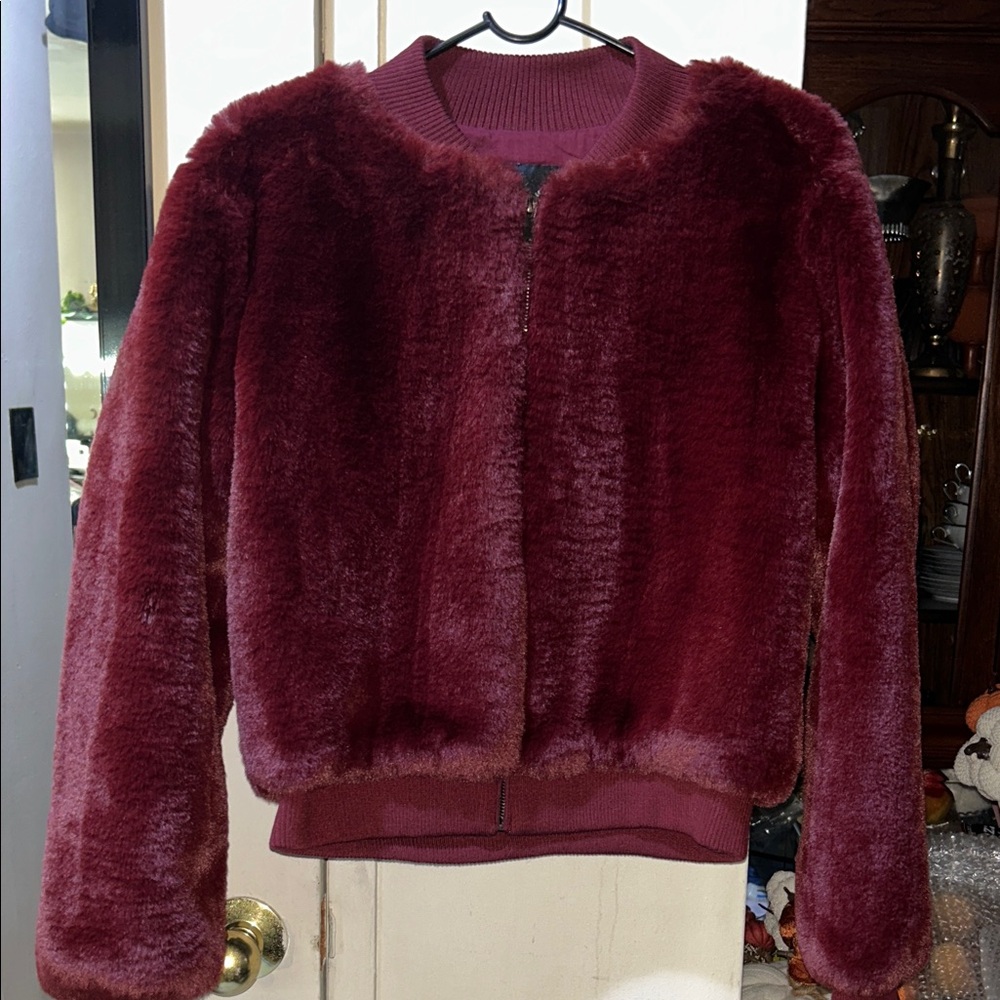 Forever 21 Burgundy Faux Fur Bomber Jacket.